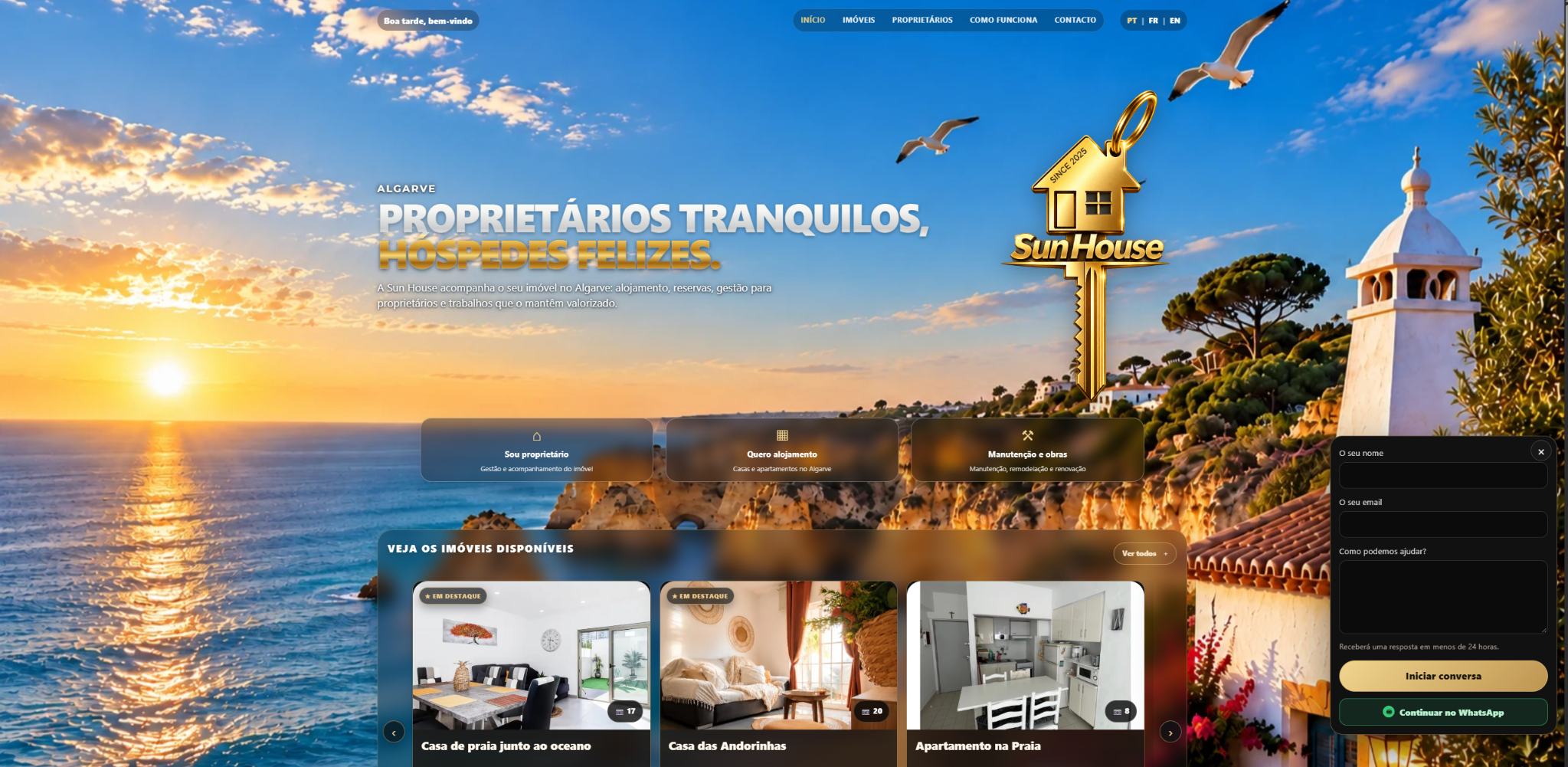 Captura real da página inicial do site Sun House Algarve