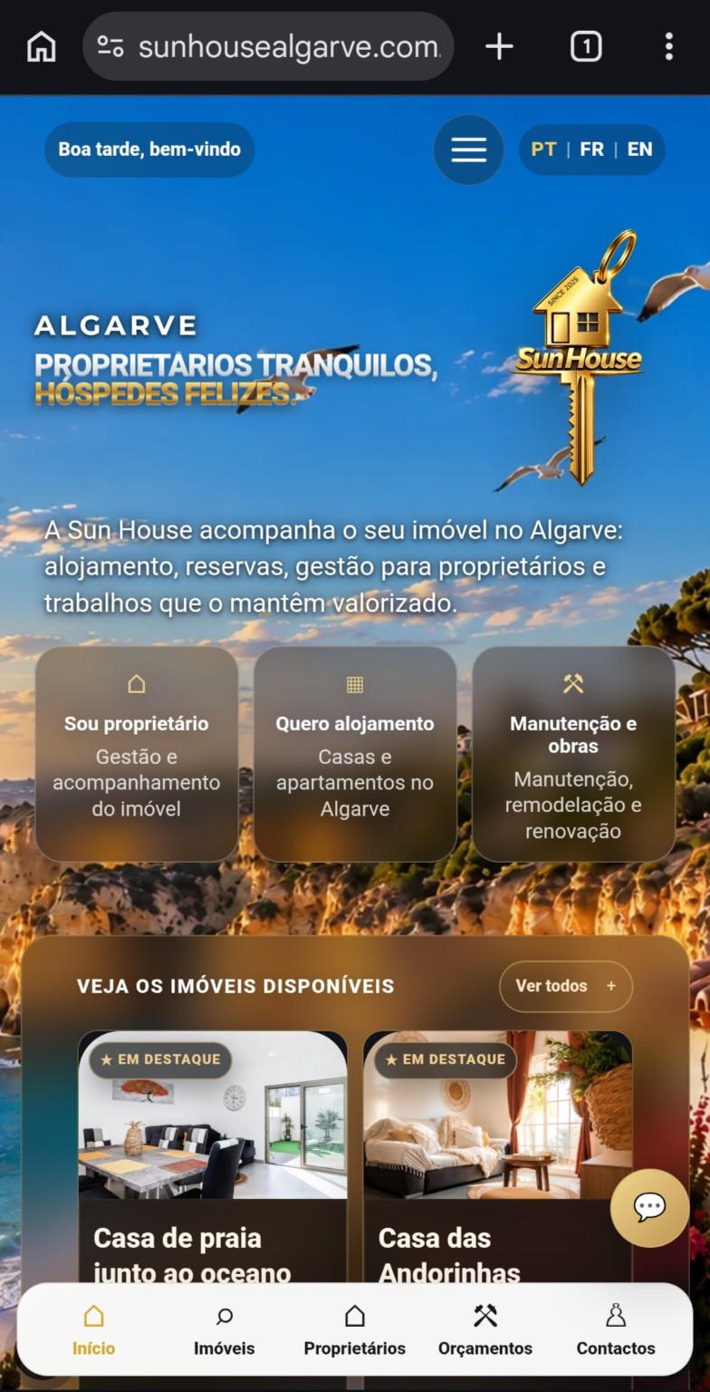 Captura real do site Sun House Algarve num telemóvel
